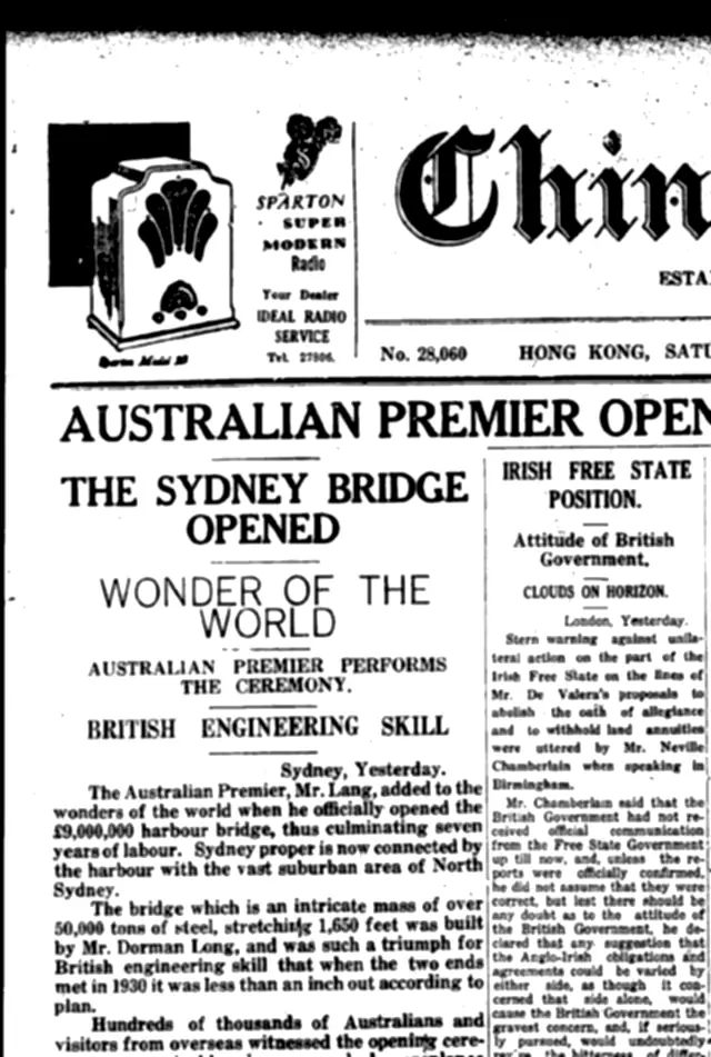 The front page of a 1932 newspaper, with one line of the lead paragraph — the line naming the Australian premier — outlined as a match in the recognised text.