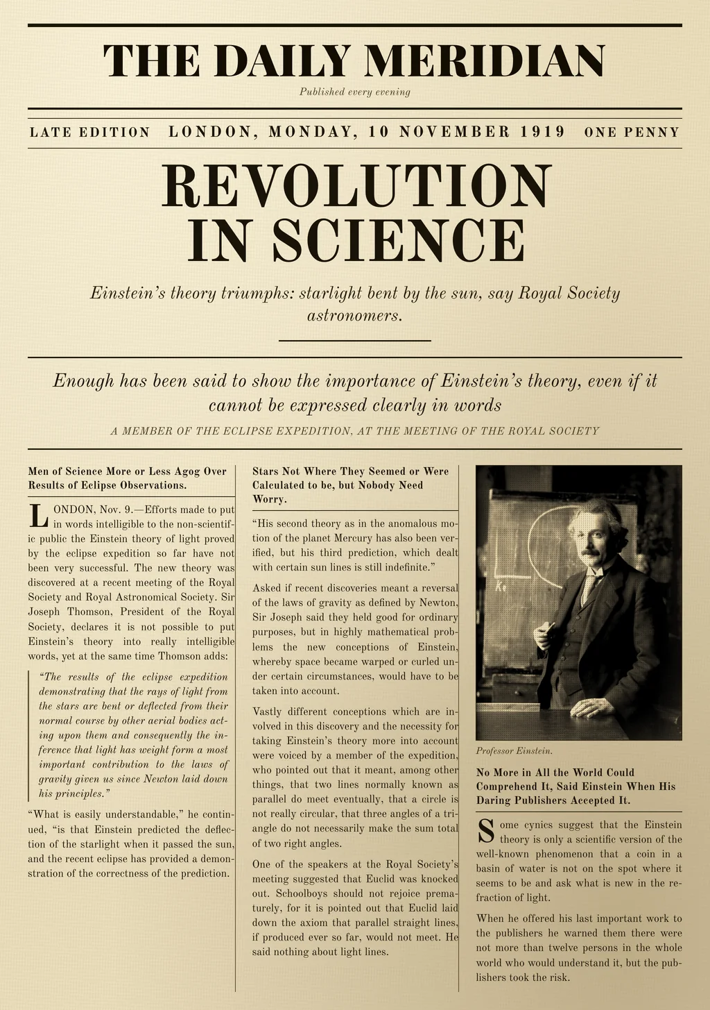A 1919 front page: a two-line display headline over a standfirst and a pull-quote, then three columns of type, with a studio portrait at the head of the third column.