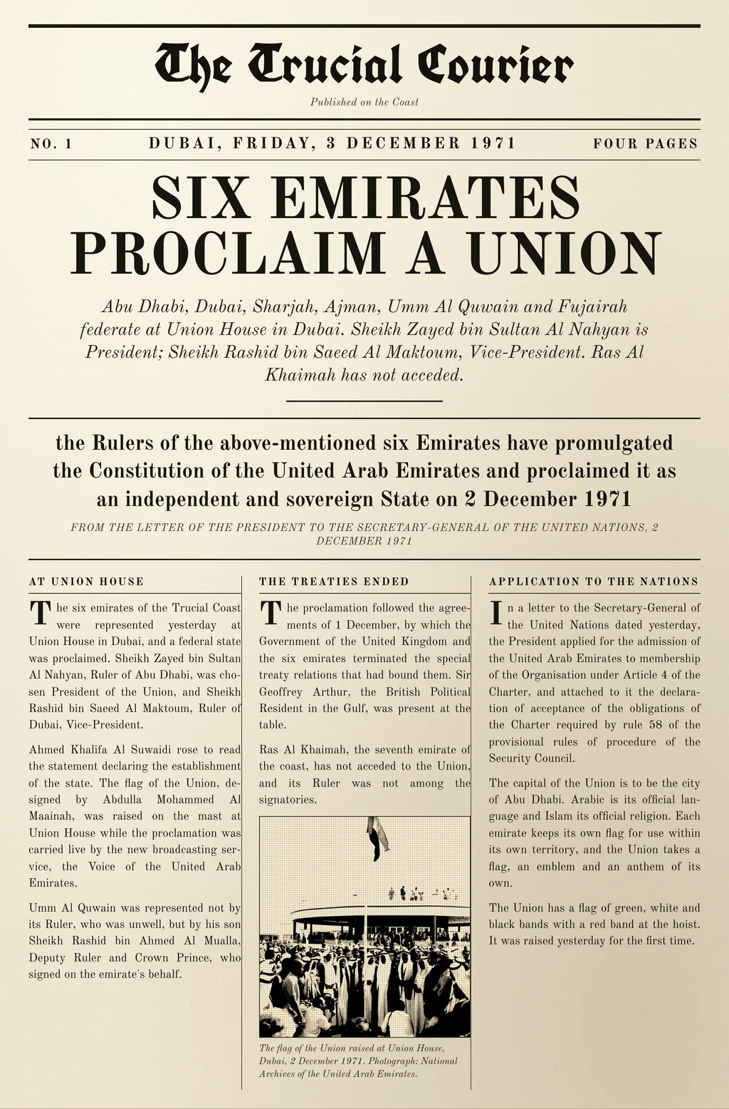 An English-language front page, dated Dubai, Friday, 3 December 1971, its headline reading “Six Emirates Proclaim a Union”.