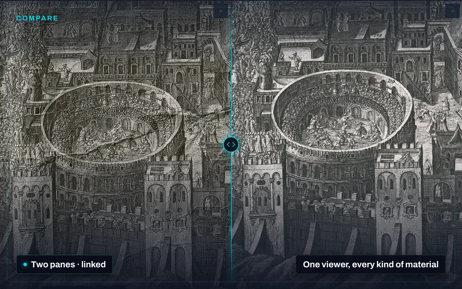 The Compare view showing the same engraved map in two panes, split by a cyan divider with a handle on it, under chips reading “Two panes · linked” and “One viewer, every kind of material”.