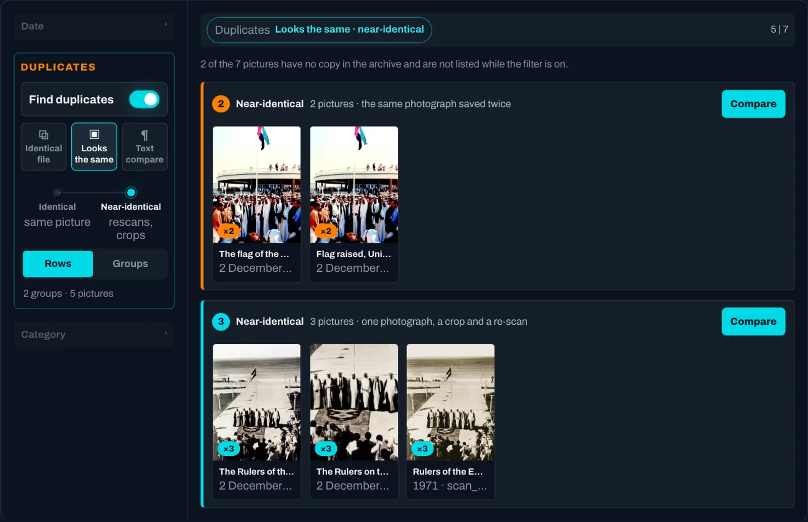 The Find duplicates control on the browse page, with two groups of pictures drawn as lanes.