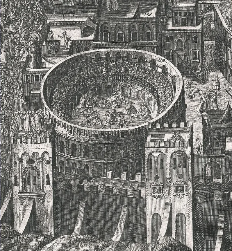 The detail under flat light: a walled town built around a great oval arena crowded with tiny figures, every engraved line reading black on white.